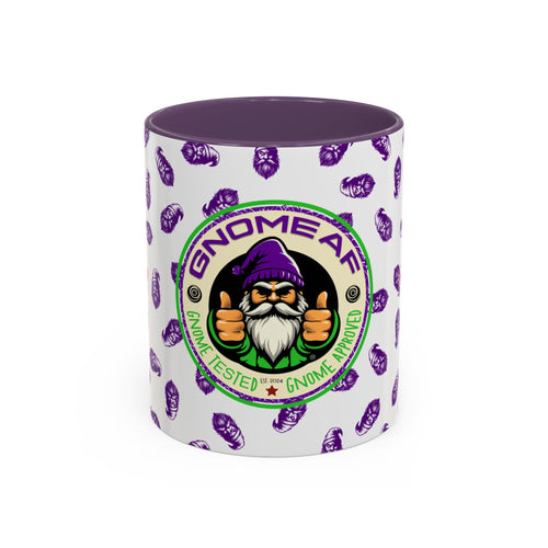 GNOME AF accent coffee mug, 11oz, white with purple pattern and round thumbs-up gnome logo, front view