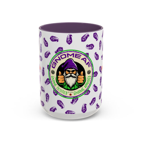 GNOME AF accent coffee mug, 15oz, white with purple pattern and round gnome logo, front view