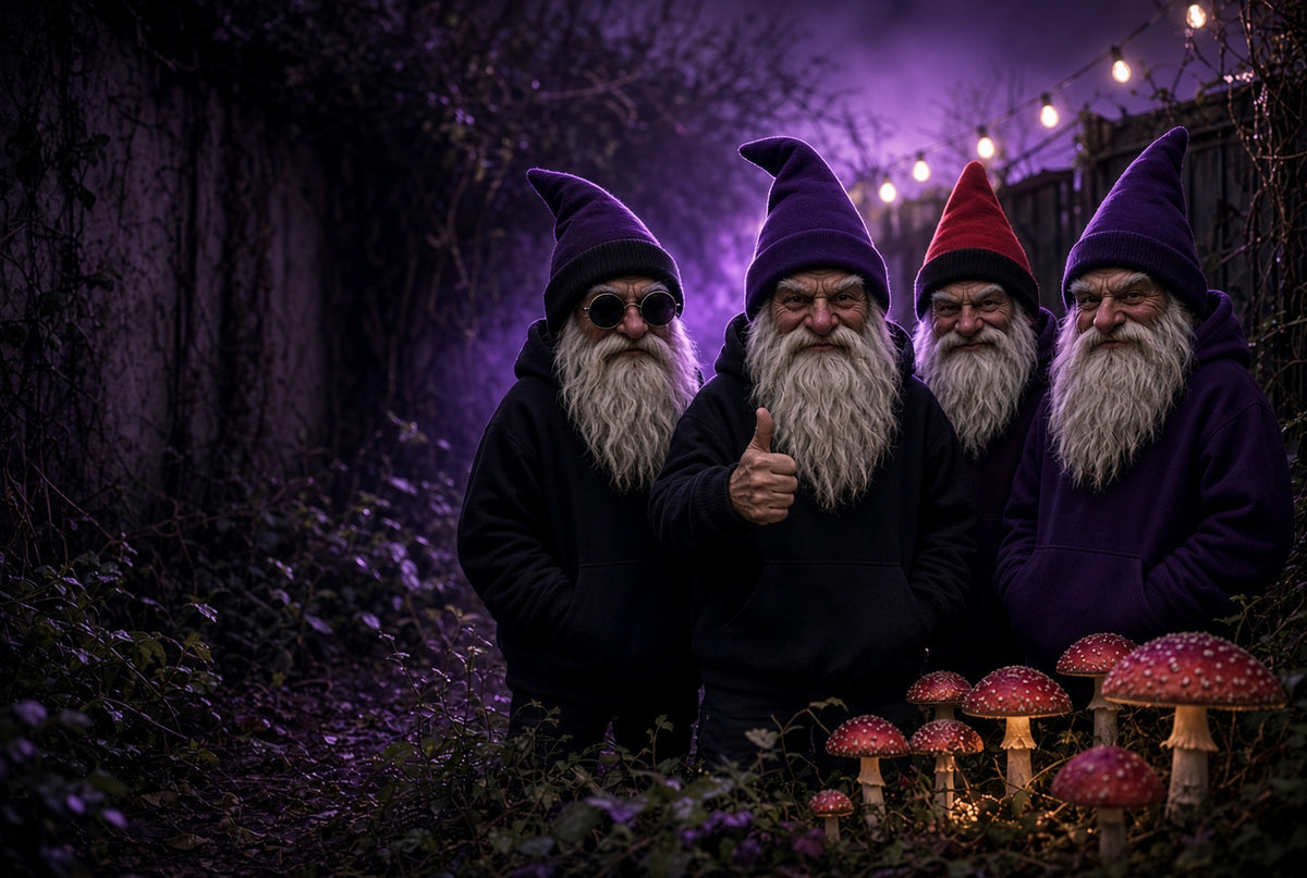 Four bearded gnomes in purple and black GNOME AF hoodies under string lights, one giving a thumbs up