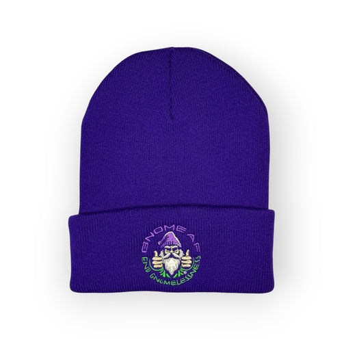 Limited Edition End Gnomelessness beanie in purple with round thumbs-up gnome patch, front view
