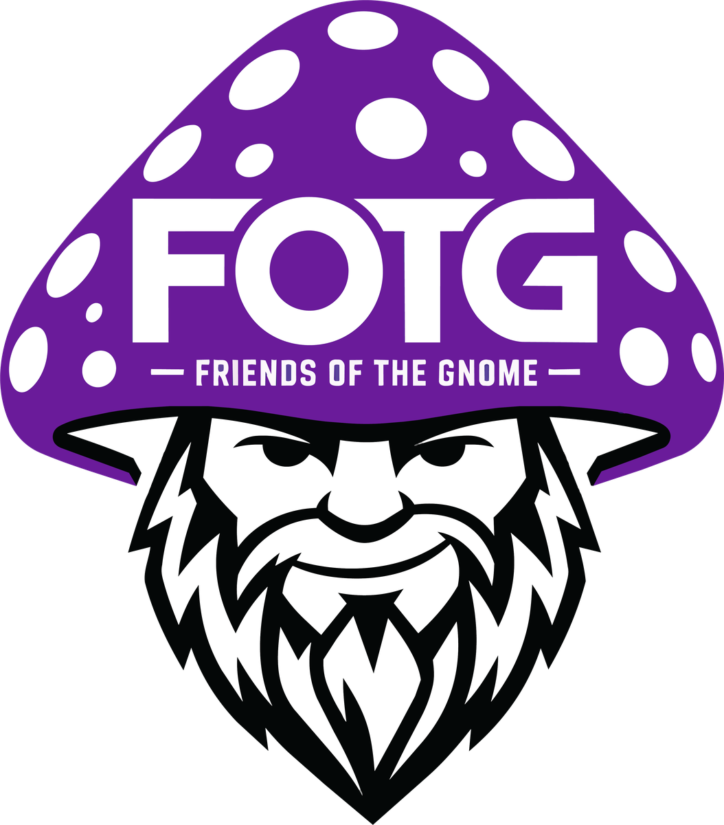 Friends of the Gnome mushroom badge: smiling gnome in a purple mushroom hat